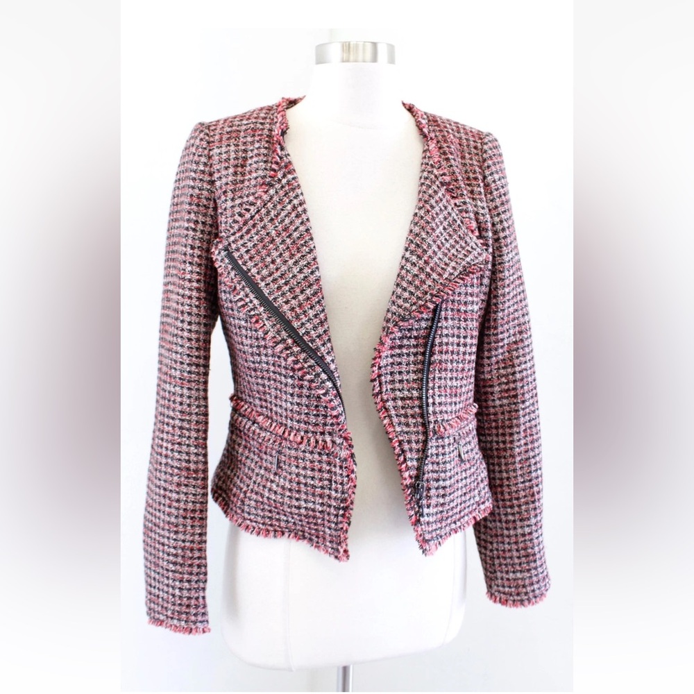 White House Black Market Tweed Moto Blazer Jacket Red Black Metallic Size 0 - Picture 2 of 12